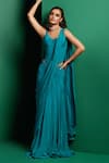 Buy_K&A By Karishma and Ashita_Green Crepe Quilted Sweetheart Solid Pre-draped Saree With Corset _at_Aza_Fashions