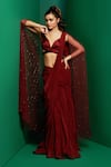 Buy_K&A By Karishma and Ashita_Maroon Crepe Embellished Bead Cape Open Pre-draped Mermaid Saree Set _at_Aza_Fashions