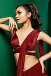 K&A By Karishma and Ashita_Maroon Crepe Embellished Bead Cape Open Pre-draped Mermaid Saree Set _Online_at_Aza_Fashions