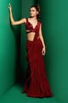 Buy_K&A By Karishma and Ashita_Maroon Crepe Embellished Bead Cape Open Pre-draped Mermaid Saree Set _Online_at_Aza_Fashions