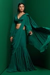 Buy_K&A By Karishma and Ashita_Green Crepe Plain Plunge V-neck Pre-draped Saree With Blouse _at_Aza_Fashions