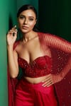 K&A By Karishma and Ashita_Red Modal Satin Embellished Bead Cape Open Striped Flared Pant Set _Online_at_Aza_Fashions