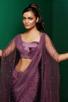 K&A By Karishma and Ashita_Purple Crepe Embellished Bead Cape Open Sequin Pre-draped Skirt Saree Set _Online_at_Aza_Fashions