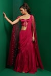 Buy_K&A By Karishma and Ashita_Fuchsia Crepe Embellished Bead Cape Open Sheer Pre-draped Saree Set _at_Aza_Fashions