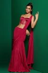 Shop_K&A By Karishma and Ashita_Fuchsia Crepe Embellished Bead Cape Open Sheer Pre-draped Saree Set _at_Aza_Fashions