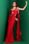 Buy_K&A By Karishma and Ashita_Red Crepe Plain Sweetheart Pre-draped Saree With Quilted Panel Corset _at_Aza_Fashions