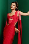 K&A By Karishma and Ashita_Red Crepe Plain Sweetheart Pre-draped Saree With Quilted Panel Corset _Online_at_Aza_Fashions