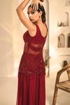 Shop_Label Astha Chhabra_Maroon Net Embroidery Tonal Beads Paan Scarlet Tunic Sharara Set _Online_at_Aza_Fashions