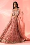 Buy_Label Astha Chhabra_Peach Organza Print Floral V Neck Bloom Lehenga Set _Online_at_Aza_Fashions