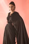 Label Astha Chhabra_Black Satin Embellished Crystal V Neck Pre-draped Buckle Saree With Blouse _Online_at_Aza_Fashions