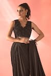 Shop_Label Astha Chhabra_Black Satin Embellished Crystal V Neck Pre-draped Buckle Saree With Blouse _Online_at_Aza_Fashions