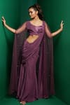 Buy_K&A By Karishma and Ashita_Purple Crepe Embellished Bead Cape Open Sequin Pre-draped Skirt Saree Set _at_Aza_Fashions