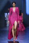 Buy_Ritika Mirchandani_Fuchsia Net Embroidery Crystal Plunge V Neck Stardust Textured Gown _at_Aza_Fashions
