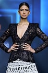 Buy_Ritika Mirchandani_Black Crepe Embroidery Harmony Geometric Peplum Blazer And Lehenga Set  _Online_at_Aza_Fashions