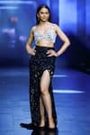 Shop_Ritika Mirchandani_Black Net Embroidery Crystal Cutwork Floral Bustier And Slit Skirt Set  _at_Aza_Fashions