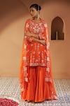 Sonia Khatri_Orange Kurta And Sharara Mulmul Embroidered Resham Round Plumeria Set _Online_at_Aza_Fashions