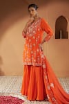 Shop_Sonia Khatri_Orange Kurta And Sharara Mulmul Embroidered Resham Round Plumeria Set 