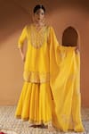 Shop_Sonia Khatri_Yellow Kurta And Sharara Crepe Embroidered Resham Notched Azalea Set _Online_at_Aza_Fashions