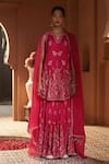 Sonia Khatri_Pink Kurta And Sharara Mulmul Embroidered Zari Notched Rose Bloom Set _Online_at_Aza_Fashions