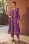 Sonia Khatri_Purple Dola Silk Embroidered Resham V Neck Pansy Floral Zari Jacket Pant Set _Online_at_Aza_Fashions