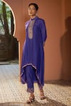 Buy_Sonia Khatri_Blue Dola Silk Embroidered Resham Band Collar Viola High Low Kurta And Pant Set _at_Aza_Fashions