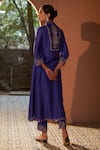 Shop_Sonia Khatri_Blue Dola Silk Embroidered Resham Band Collar Viola High Low Kurta And Pant Set _at_Aza_Fashions