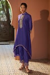 Sonia Khatri_Blue Dola Silk Embroidered Resham Band Collar Viola High Low Kurta And Pant Set _Online_at_Aza_Fashions