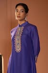 Buy_Sonia Khatri_Blue Dola Silk Embroidered Resham Band Collar Viola High Low Kurta And Pant Set _Online_at_Aza_Fashions