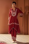 Buy_Sonia Khatri_Maroon Summer Silk Embroidered Resham Persian Buttercup Kurta And Pant Set _at_Aza_Fashions