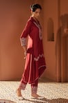 Sonia Khatri_Maroon Summer Silk Embroidered Resham Persian Buttercup Kurta And Pant Set _at_Aza_Fashions