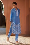 Buy_Sonia Khatri_Blue Dola Silk Embroidered Resham Mandarin Bluebell High Low Kurta And Pant Set _Online_at_Aza_Fashions