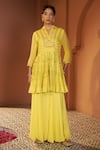 Buy_Sonia Khatri_Yellow Georgette Embroidered Resham Sunflower Peplum Kurta And Sharara Set _at_Aza_Fashions