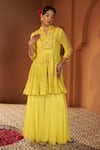 Sonia Khatri_Yellow Georgette Embroidered Resham Sunflower Peplum Kurta And Sharara Set _Online_at_Aza_Fashions