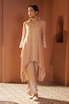 Sonia Khatri_Beige Mulmul Embroidered Resham Collared V Cashmere High Low Kurta And Pant Set_Online_at_Aza_Fashions
