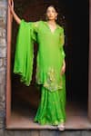 Shop_Sonia Khatri_Green Organza Applique Floral Collared Neck Kurta Sharara Set _Online_at_Aza_Fashions