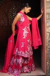 Buy_Sonia Khatri_Pink Organza Applique Floral Collared Neck Debian Flower Kurta Sharara Set 