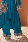 Buy_Sonia Khatri_Green Dola Silk Embroidery Resham V Neck Alpana Asymmetric Kurta With Palazzo _Online_at_Aza_Fashions