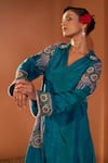 Shop_Sonia Khatri_Green Dola Silk Embroidery Resham V Neck Alpana Asymmetric Kurta With Palazzo _at_Aza_Fashions