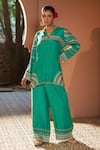 Buy_Sonia Khatri_Green Dola Silk Embroidery Dori Placement Geometric Shirt Tunic With Palazzo _at_Aza_Fashions