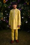 Buy_Shyam Narayan Prasad_Yellow Cotton Silk Patch Work Fleur Damask Kurta With Trouser _at_Aza_Fashions