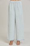 Naintara Bajaj_Blue Cotton Linen Block Printed Checkered Pant_Online_at_Aza_Fashions