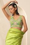 Buy_Weaver Story_Green Net Embroidered Bead V Neck Floral Saree Blouse _at_Aza_Fashions