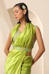 Weaver Story_Green Net Embroidered Bead V Neck Floral Saree Blouse _Online_at_Aza_Fashions