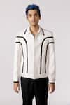 Buy_Line out line_Off White Cotton Patchwork Arched Ruched Bomber Jacket  _at_Aza_Fashions