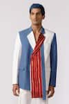 Buy_Line out line_Blue Denim Textured Chevron Panelled Blazer  _at_Aza_Fashions