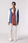 Line out line_Blue Denim Textured Chevron Panelled Blazer  _Online_at_Aza_Fashions