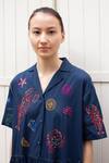 Shop Laite Blue Cotton Embroidery Collared Marine Seafood Midi Dress at Aza Fashions Shop_Laite_Blue Cotton Embroidery Collared Marine Seafood Midi Dress _at_Aza_Fashions