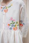 Laite_White Cotton, Linen Embroidery Round Neck Celeste Floral Pattern Dress _Online_at_Aza_Fashions