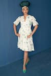 Buy_Whencut Goddamn_Off White Mul Cotton Floral Notched Round Leaf Pattern Midi Dress _at_Aza_Fashions