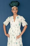 Shop_Whencut Goddamn_Off White Mul Cotton Floral Notched Round Leaf Pattern Midi Dress _at_Aza_Fashions